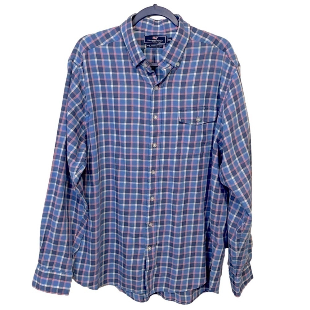 Vineyard Vines X-Large Pink/Blue Plaid Slim Fit‎ Crosby Button Up Linen Blend